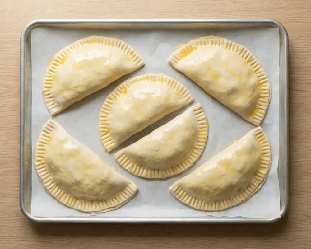 Ungebackene Calzone auf Backblech mit Ei bestrichen