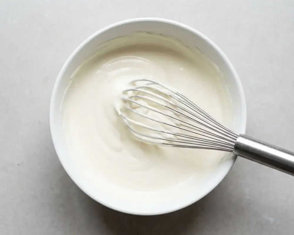 Protein Cheesecake Creme aus Skyr Frischkäse und Proteinpulver glatt verrührt in Schüssel