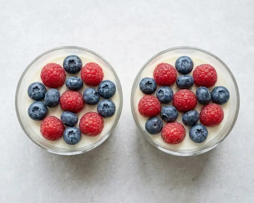 Beeren Topping auf Protein Cheesecake Dessert im Glas