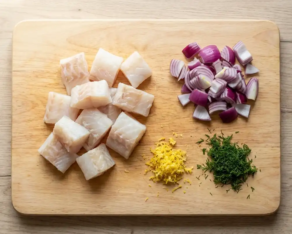 Kabeljauwürfel, rote Zwiebel, Dill und Zitronenabrieb auf Holzbrett vorbereitet für Fischfrikadellen