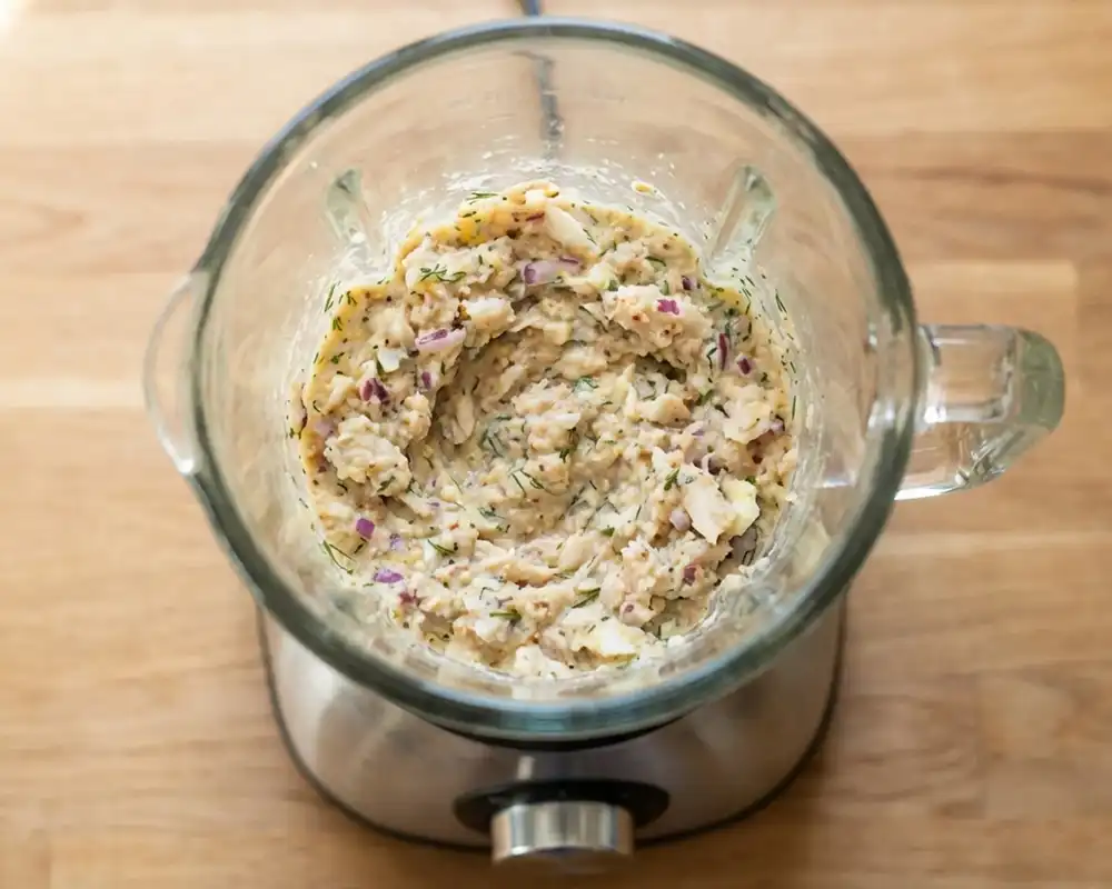 Grobe Fischmasse aus Kabeljau, Skyr und Gewürzen im Mixer für Fischfrikadellen