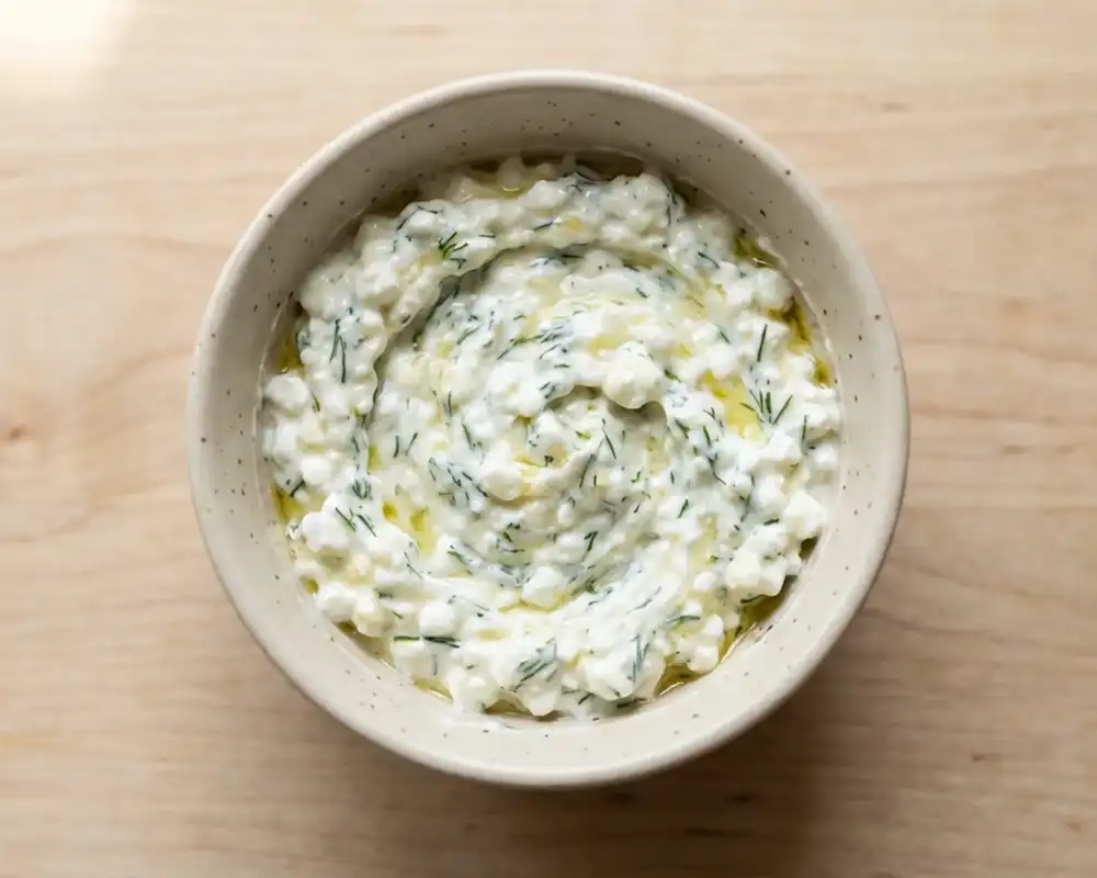 Cremiger Zitronen-Dill-Hüttenkäse-Dip in einer Keramikschüssel für Fischfrikadellen