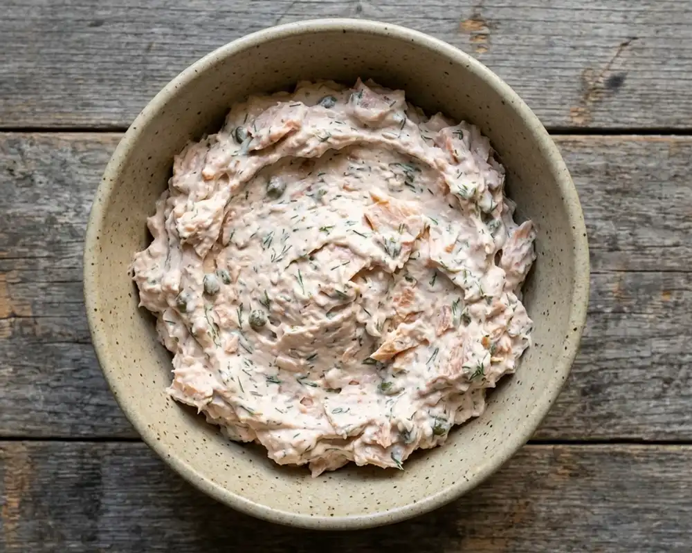 Räucherforellen-Aufstrich mit sichtbaren Forellenstücken und Dill