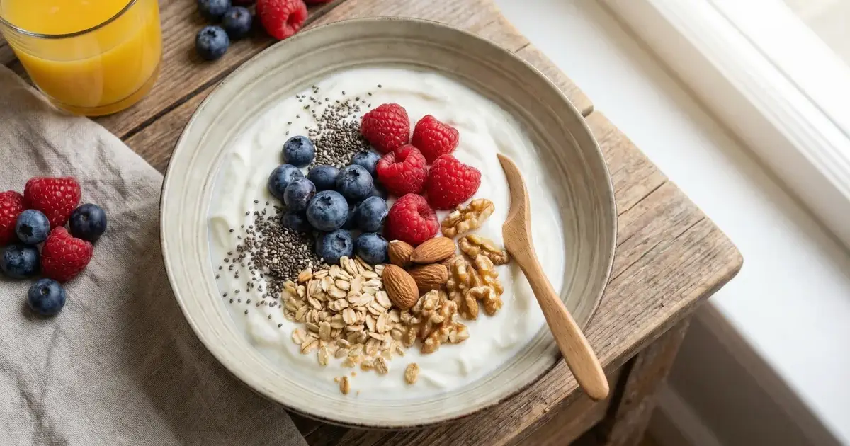 Proteinreiches Frühstück mit Skyr, Beeren und Haferflocken.