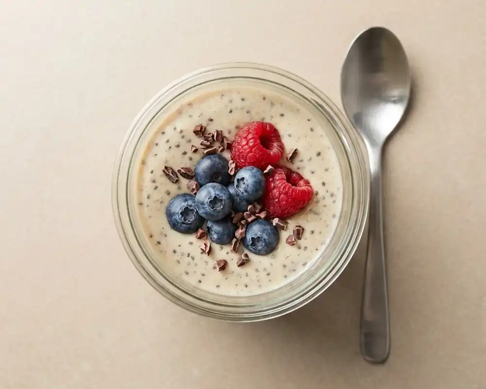 Veganer Bananen-Chia-Protein-Pudding mit Beeren und Kakaonibs von oben serviert
