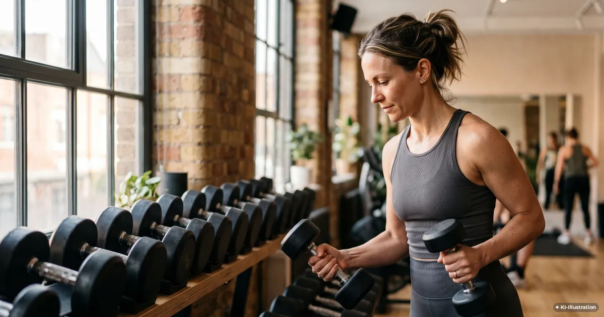 Frau wählt Kurzhanteln für ihr Krafttraining aus