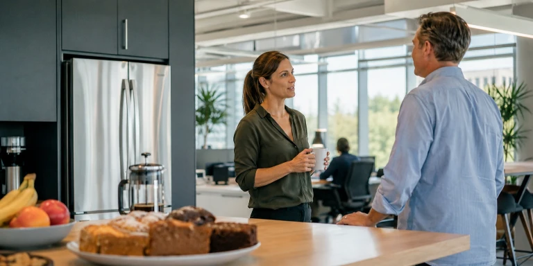 Im Büro steht Kuchen oder Gebäck für alle herum. Die Frau sitzt daneben im Gespräch