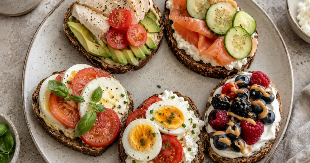 Verschiedene proteinreiche Frühstücksbrote mit Hähnchen, Lachs, Ei, Mozzarella, Avocado, Skyr und Beeren.
