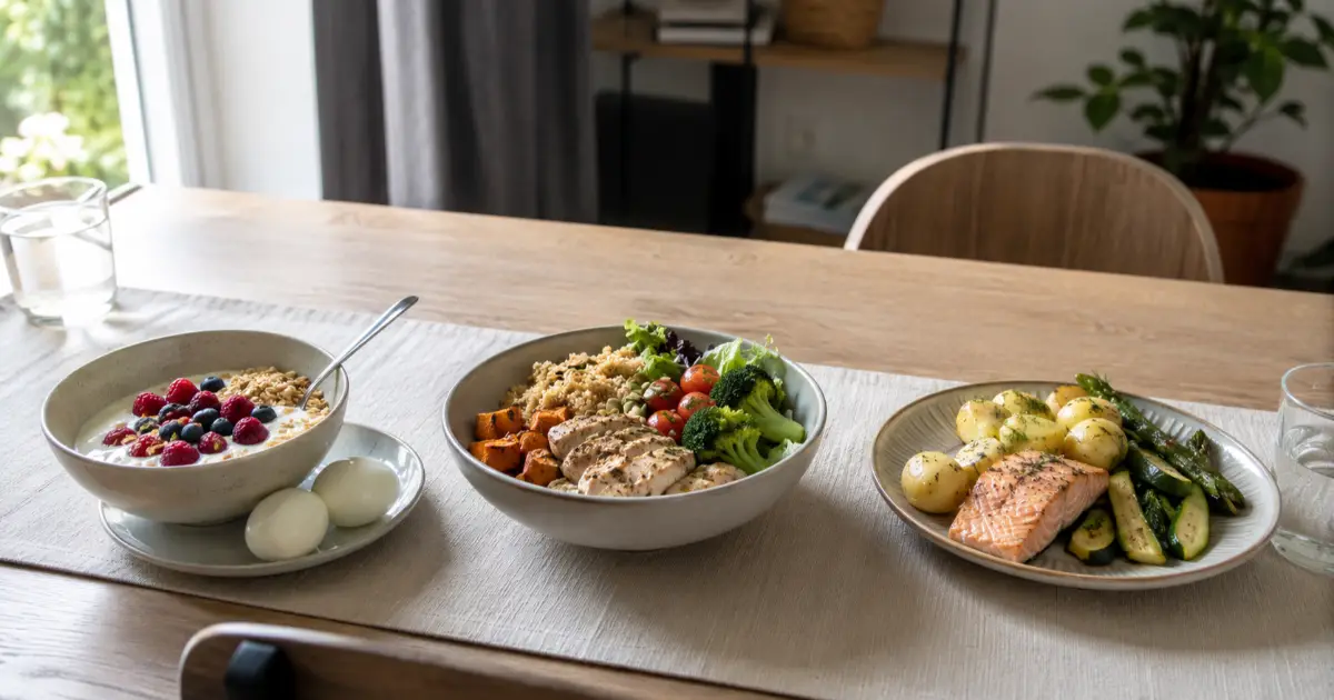 Drei proteinreiche Mahlzeiten mit Skyr, Hähnchen und Lachs als Beispiel für eine ausgewogene Proteinverteilung über den Tag.