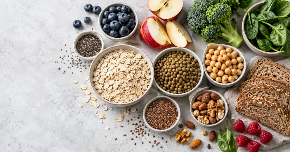 Ballaststoffreiche Lebensmittel mit Haferflocken, Beeren, Apfel, Hülsenfrüchten, Vollkornbrot, Nüssen und Gemüse.