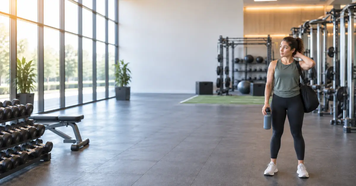 Unsichere Anfängerin steht mit Sporttasche und Wasserflasche in einem modernen Fitnessstudio.
