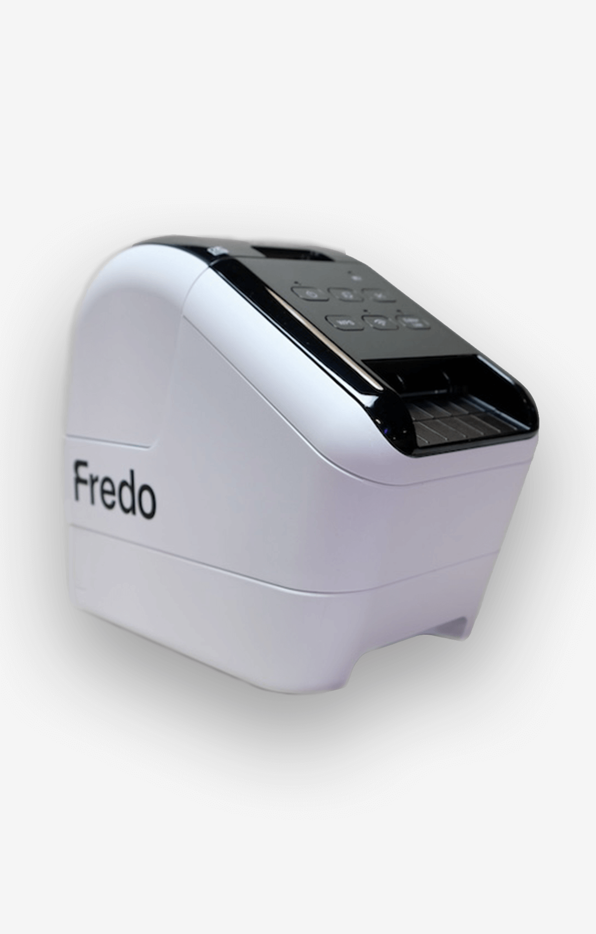 White and black compact name badge printer labeled Fredo.