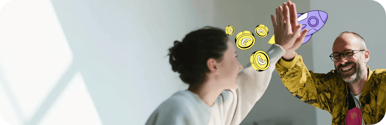 Business people celebrating a successful financing, with rocket and coin illustrations