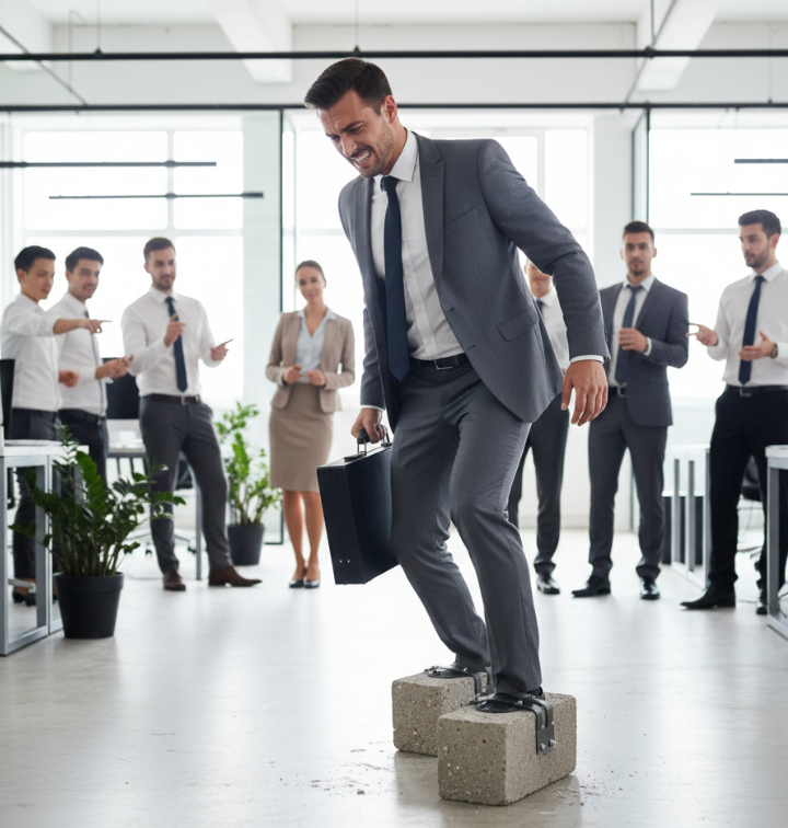 A man in a suit and tie, balancing on cinder blocks, smiles while holding a briefcase. 