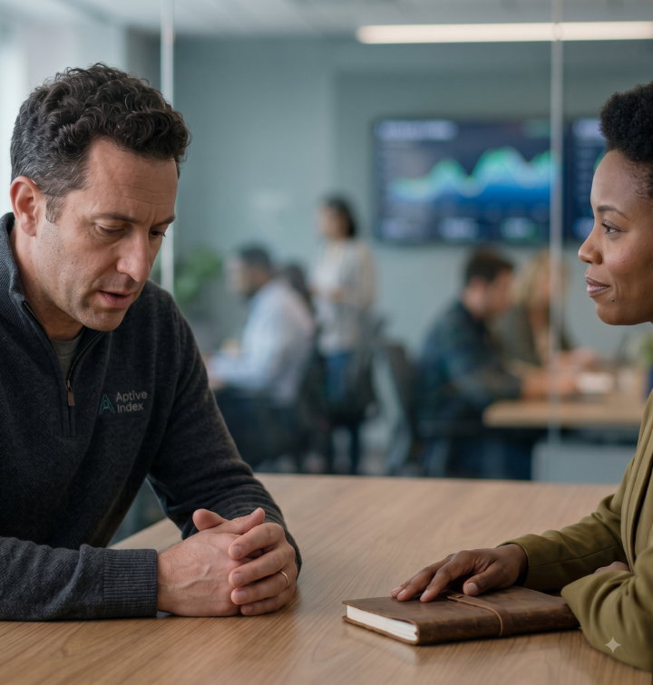 A man in a dark grey quarter-zip sweater and a woman in an olive green blazer sit across from each other at a wooden conference table. The man looks down thoughtfully with his hands clasped, while the woman looks at him with a calm expression, resting her hand on a leather journal. In the blurred background, other colleagues work at a table near a wall-mounted screen displaying charts and data.