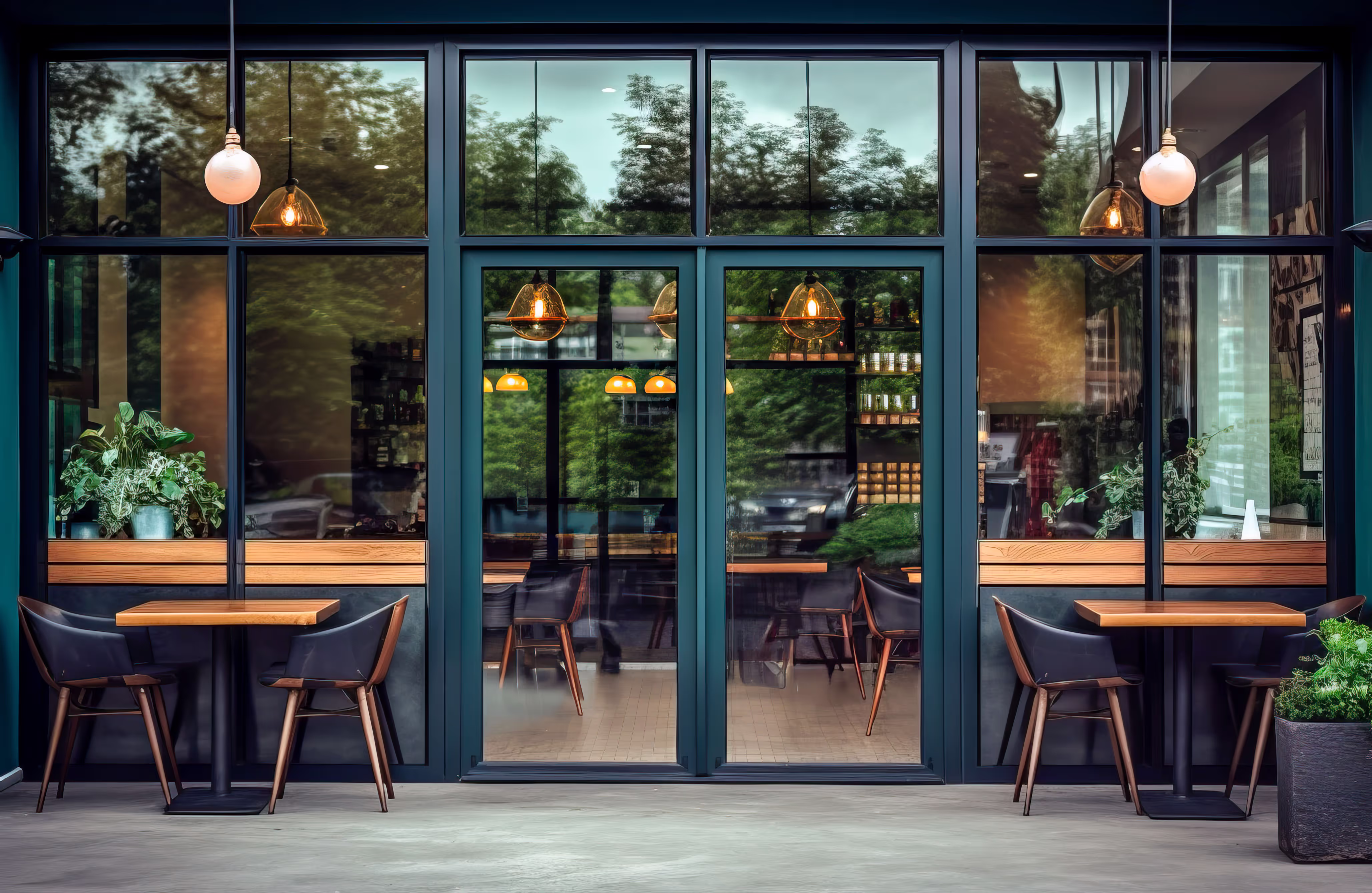Modern cafe exterior with glass windows, showcA commercial building exteriorasing interior through glass and outdoor seating.