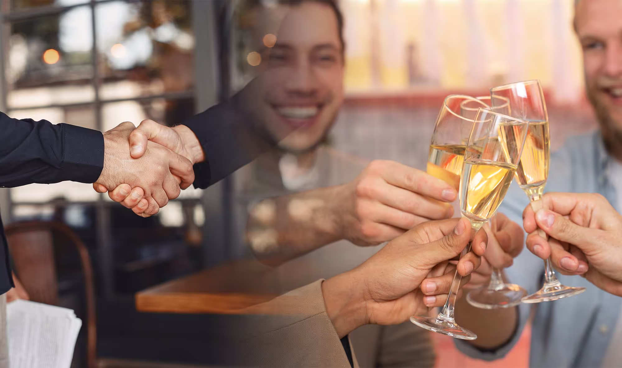 A split photo of a handshake on the left and people clinking glasses on the right.