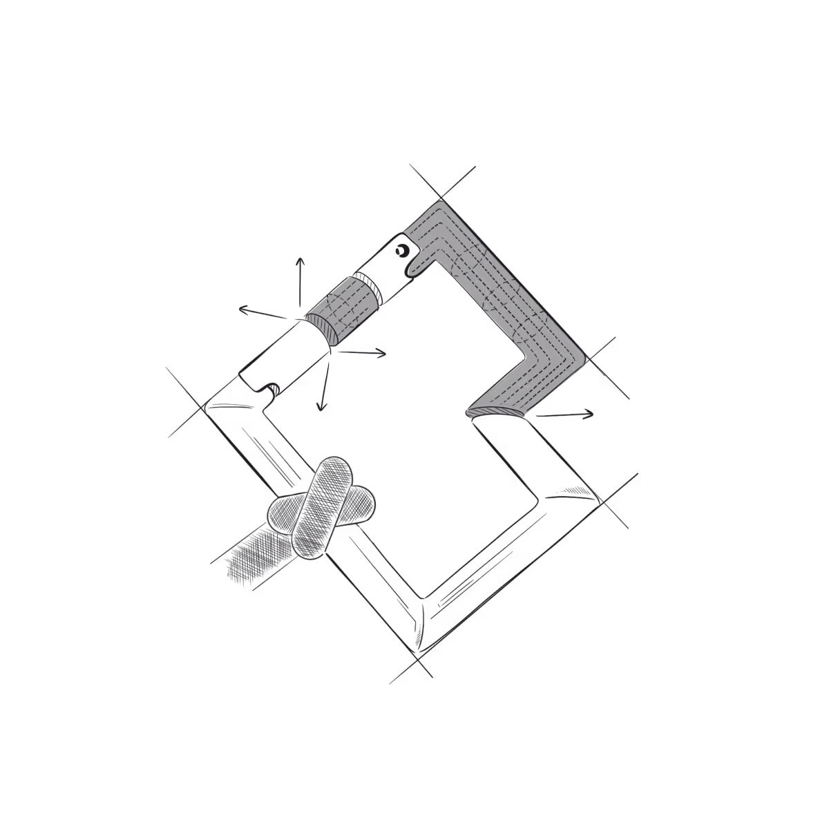 Croquis en perspective d'un plan architectural d'une pièce d'angle avec un rebord épais, incluant des annotations et des flèches indiquant des mesures et détails structurels.