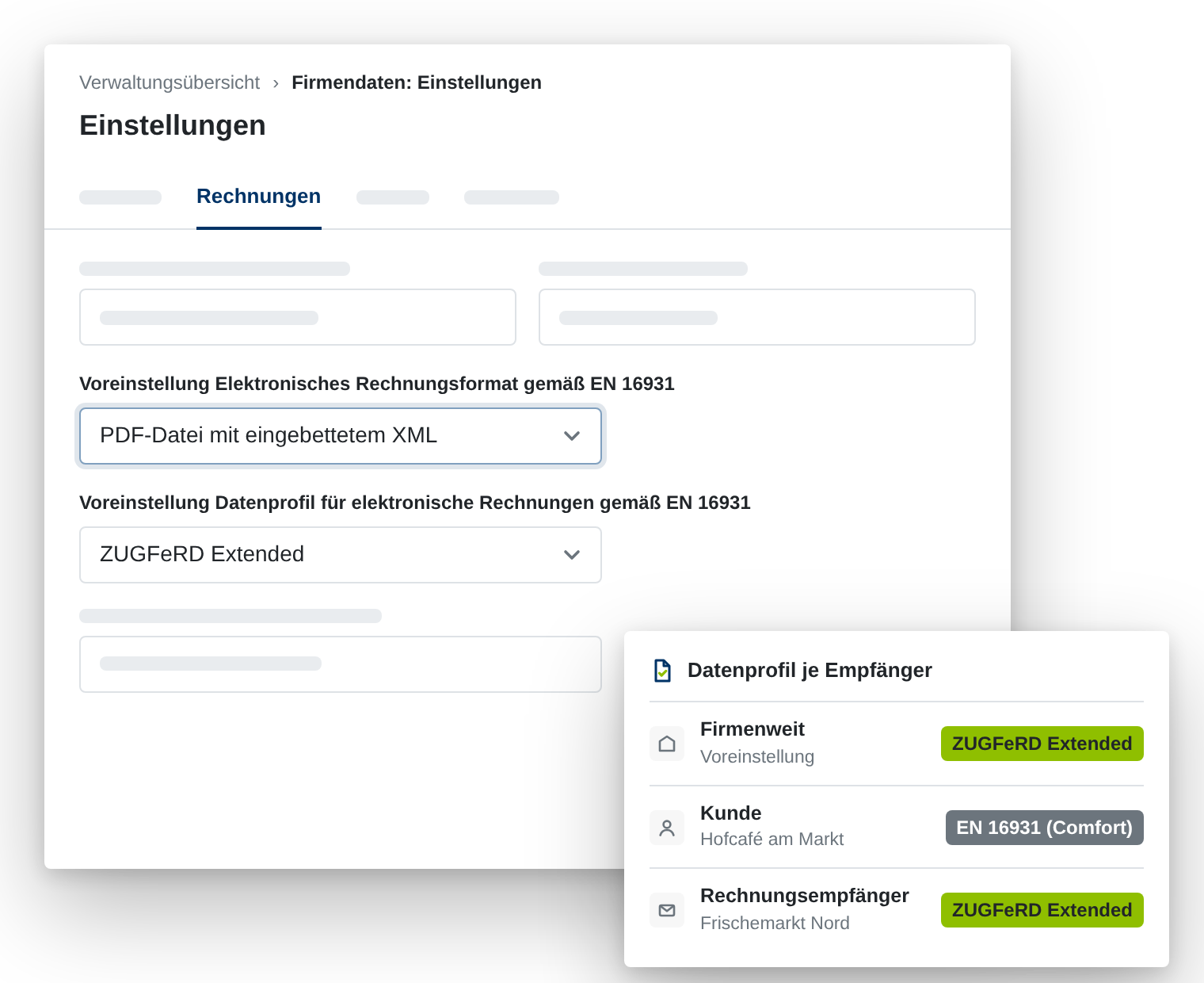Einstellungen für E-Rechnung in FrachtPilot: Format und Datenprofil firmenweit, je Kunde oder je Rechnungsempfänger