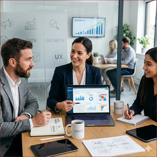 Three coworkers discussing data charts on laptop and papers in a modern office meeting room.