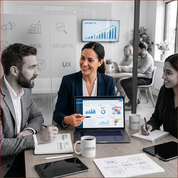 Three coworkers discussing data charts on laptop and papers in a modern office meeting room.