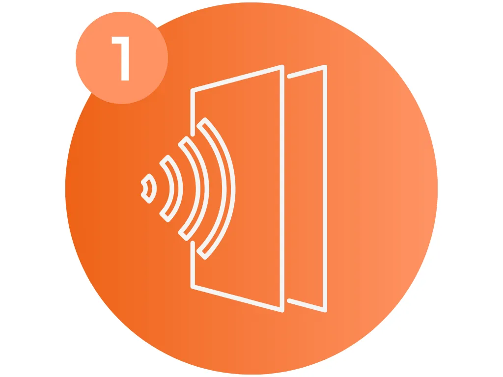 Graphic illustration showing sound waves attempting to penetrate a double-layered wall, representing the superior sound isolation provided by WhisperRoom booths.