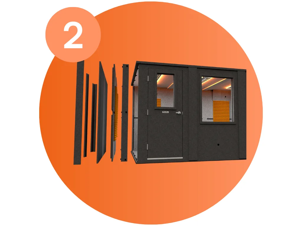 Image of a WhisperRoom recording booth shown with its double-wall isolaiton exploded to demonstrate moudlarity, expansion, and adaptability.