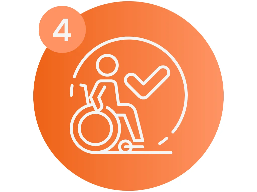 Image showing a figure in a wheelchair with a checkmark to show that access and inclusion are a feature of WhisperRoom recording booths.