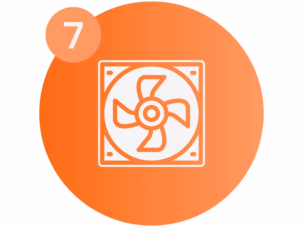 Circular image showcasing a graphic of a small fan, representing the controlled environment within a WhisperRoom. This image visually represents the benefits of precise control over environmental factors, highlighting the inclusion of ventilation systems and the ability to regulate airflow and temperature inside the booth. The fan graphic illustrates the capability of WhisperRoom booths to create a comfortable recording environment with optimal air circulation.