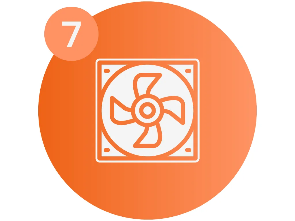 Circular image showcasing a graphic of a small fan, representing the controlled environment within a WhisperRoom. This image visually represents the benefits of precise control over environmental factors, highlighting the inclusion of ventilation systems and the ability to regulate airflow and temperature inside the booth. The fan graphic illustrates the capability of WhisperRoom booths to create a comfortable recording environment with optimal air circulation.