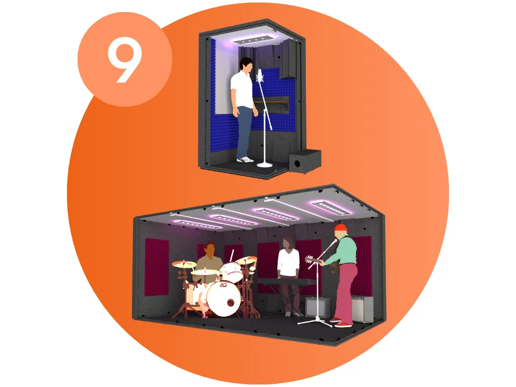 Image showing two different WhisperRoom studio booths that shows people on the interior to show that the interior is build for performance with lights, acoustics, and more.