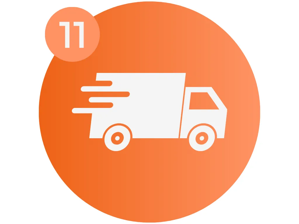 Circular image featuring a graphic of a delivery truck in motion, representing the fast turnaround time of WhisperRoom. This image visually illustrates the efficient shipping and delivery process associated with WhisperRoom booths. The graphic of the delivery truck emphasizes the promptness of order processing and shipment, highlighting the commitment to providing quick turnaround times for customers.