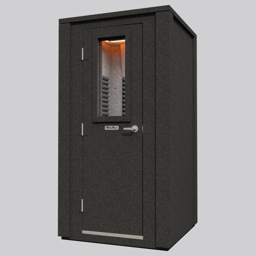 The MDL 4242 E Double-Wall WhisperRoom sound booth, shown from an angled front right perspective with the door closed.