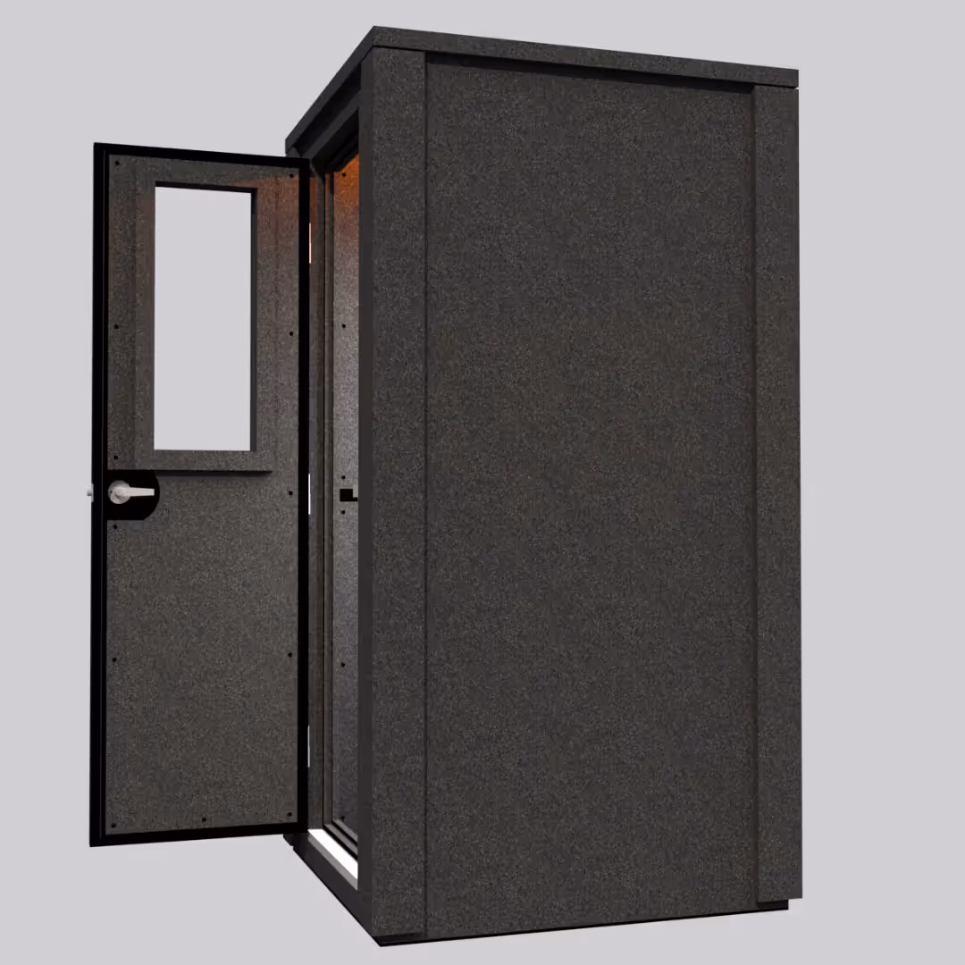 The MDL 4242 E Double-Wall WhisperRoom sound booth, shown from the right side with the door open to display the depth of the sound booth.