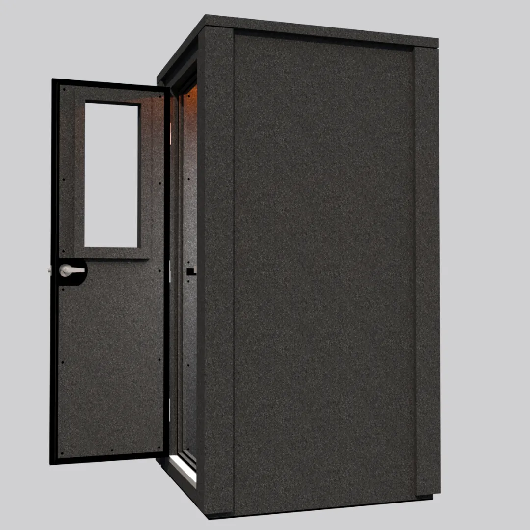 The MDL 4242 E Double-Wall WhisperRoom sound booth, shown from the right side with the door open to display the depth of the sound booth.