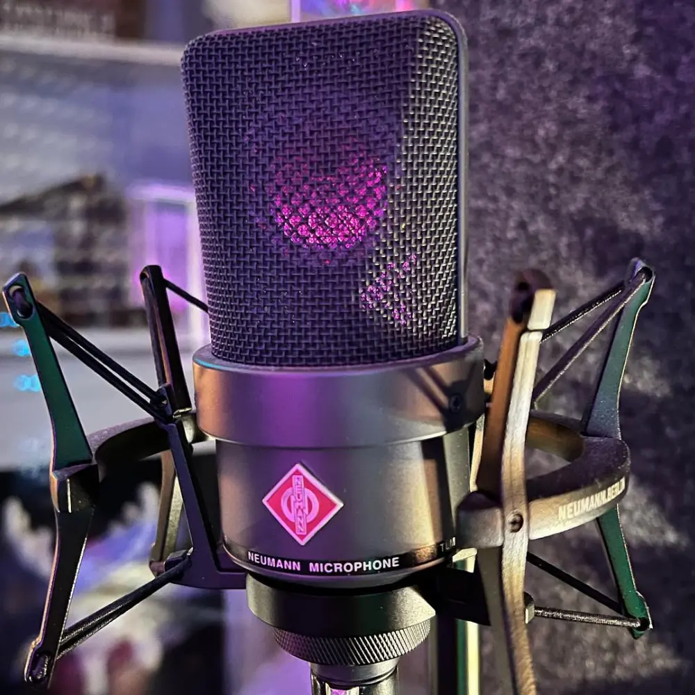 Close-up of Neumann condenser microphone in a WhisperRoom voice over booth.