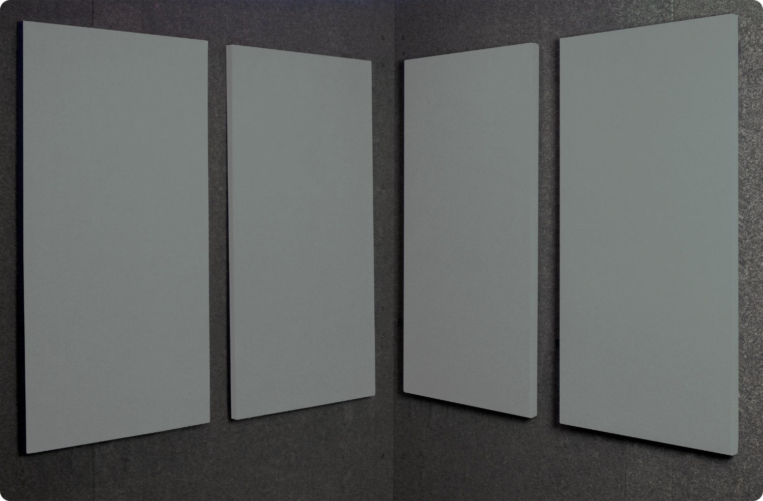 Asteroid Audimute fabric acoustic panels installed inside a WhisperRoom sound booth, shown in a neutral gray finish