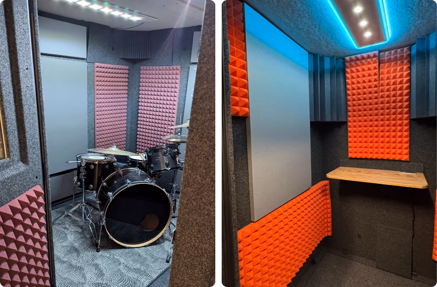 WhisperRoom booth interior showing Asteroid Audimute acoustic panels used in a drum practice setup and a voice over workspace