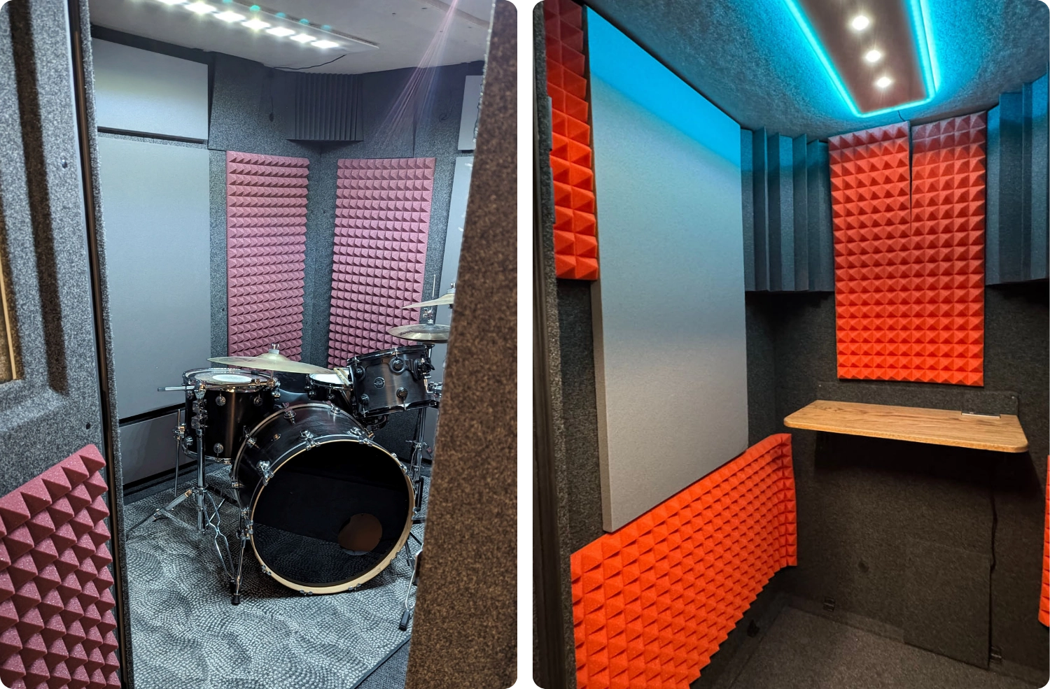 WhisperRoom booth interior showing Asteroid Audimute acoustic panels used in a drum practice setup and a voice over workspace