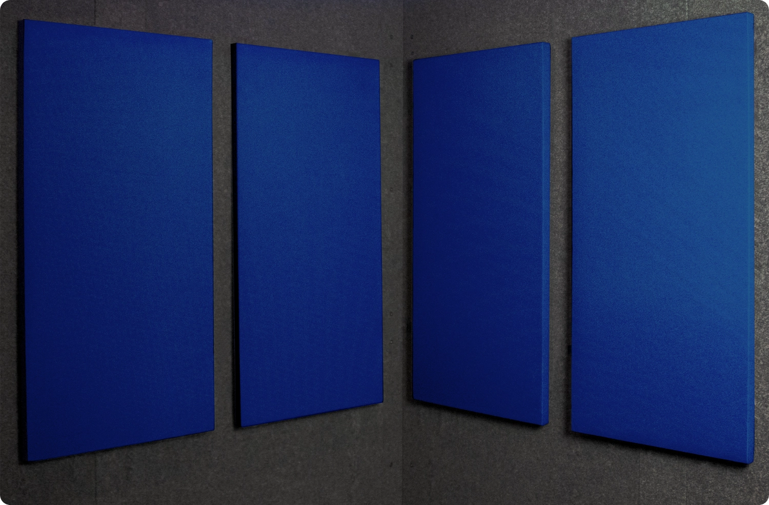 Lapis Audimute fabric acoustic panels installed inside a WhisperRoom sound booth, shown in a deep blue finish
