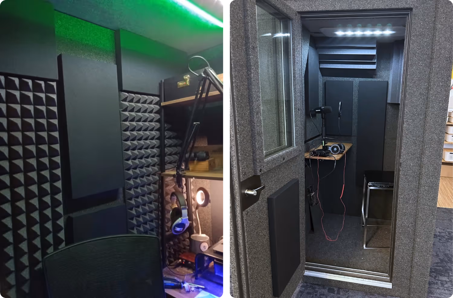 WhisperRoom booth interiors featuring Onyx Audimute acoustic panels used for voice over recording and focused studio work