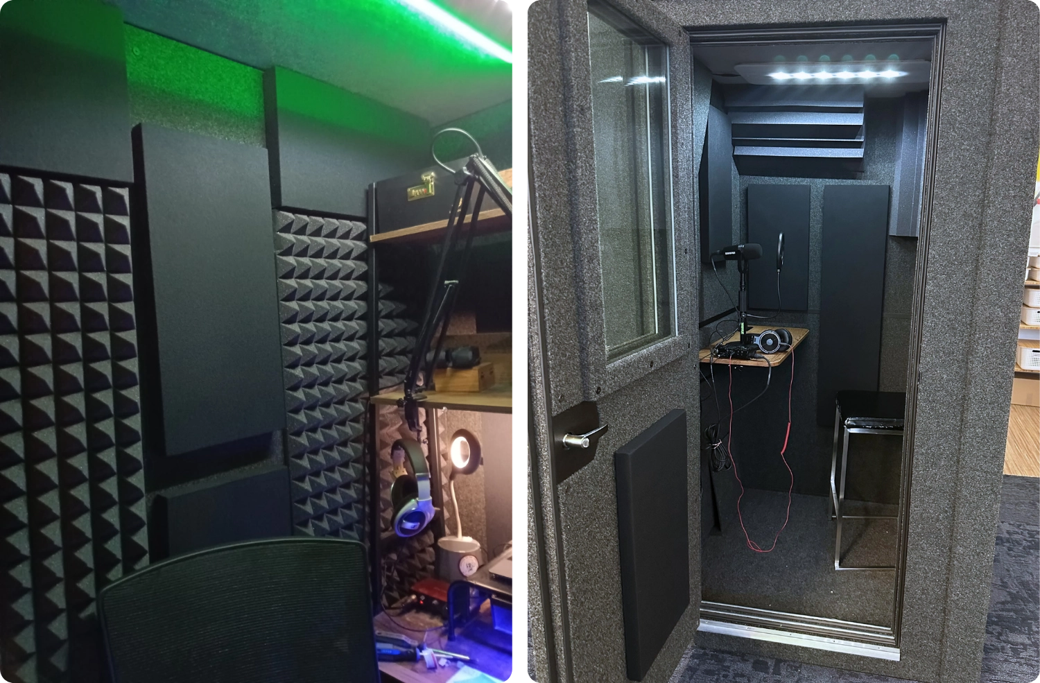 WhisperRoom booth interiors featuring Onyx Audimute acoustic panels used for voice over recording and focused studio work
