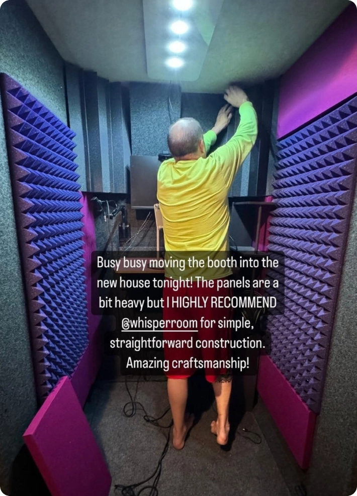 WhisperRoom booth interior featuring Orchid Audimute acoustic panels during setup and installation