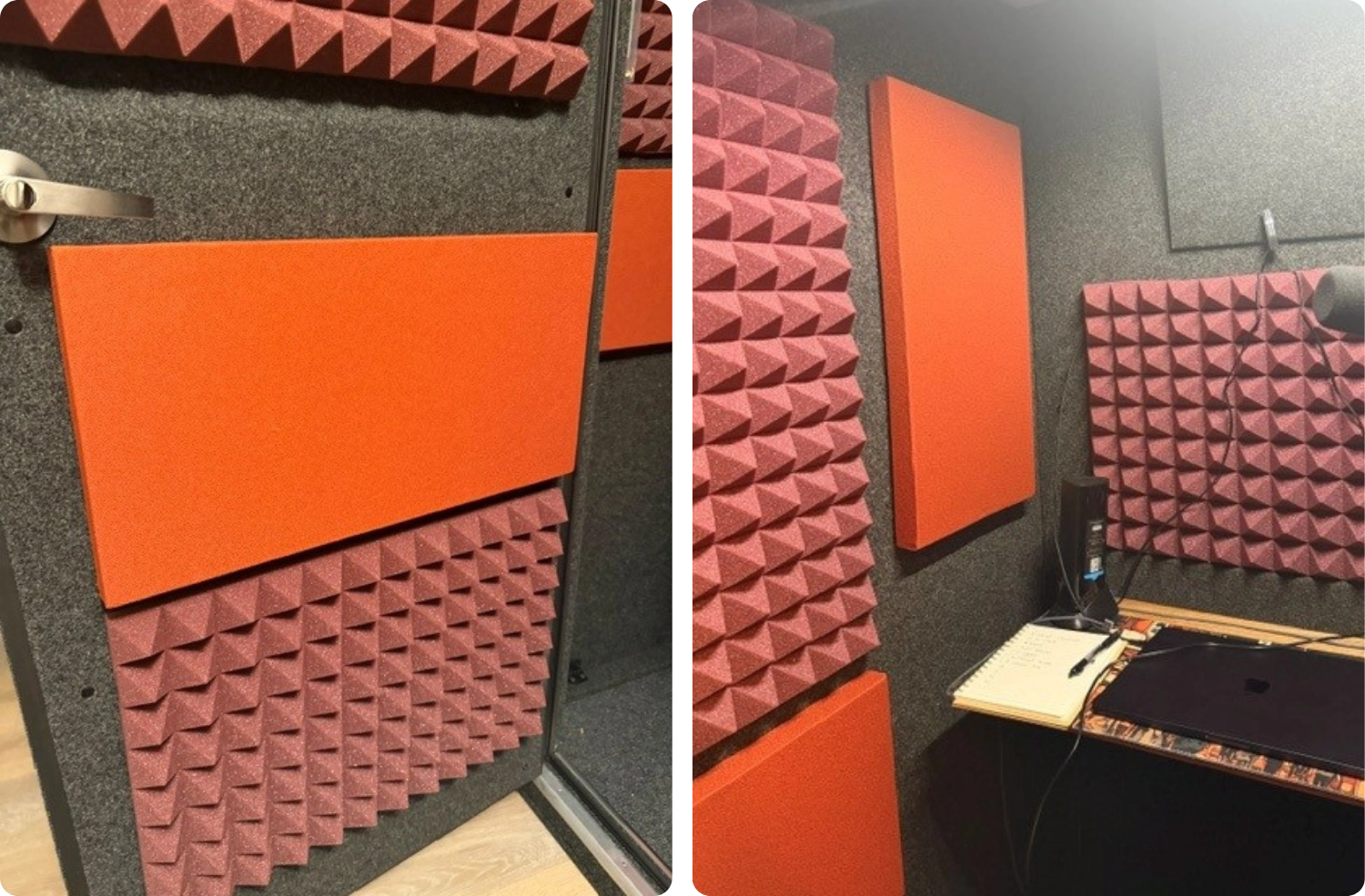 Pumpkin Audimute fabric acoustic panels installed inside WhisperRoom booths for recording and studio use