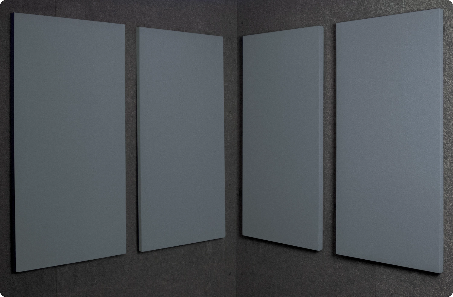 Quarry Blue Audimute fabric acoustic panels installed inside a WhisperRoom sound booth, shown in a muted blue-gray finish