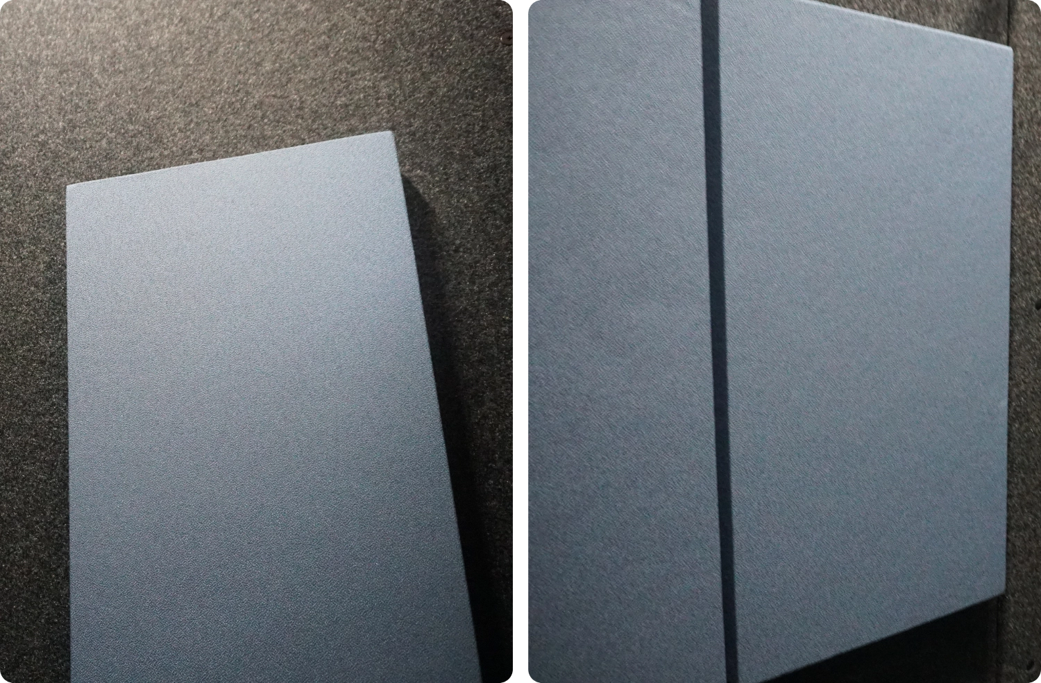 Combined close-up views of Quarry Blue Audimute acoustic panels showing fabric texture and panel edges inside a WhisperRoom booth