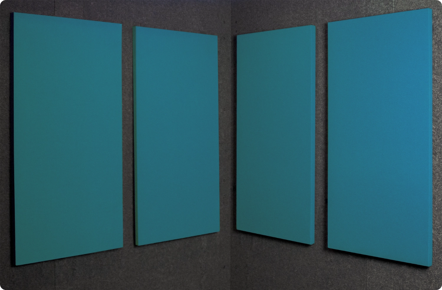 Waterfall Audimute fabric acoustic panels installed inside a WhisperRoom sound booth, shown in a teal blue finish