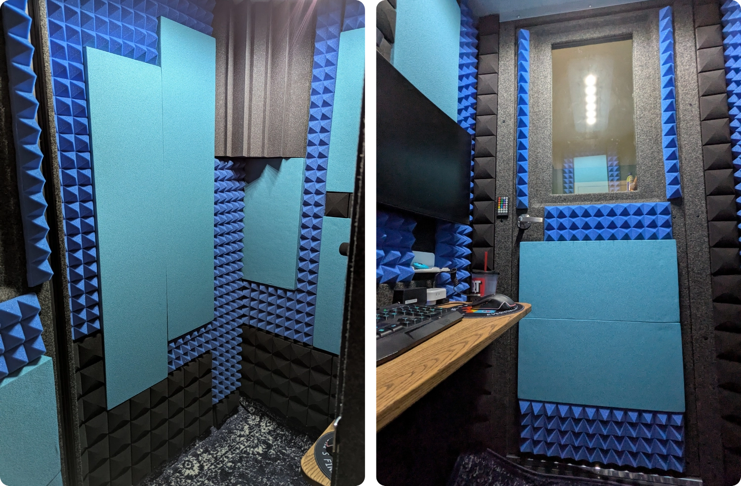 Waterfall Audimute fabric acoustic panels installed inside WhisperRoom sound booths shown in multiple studio setups