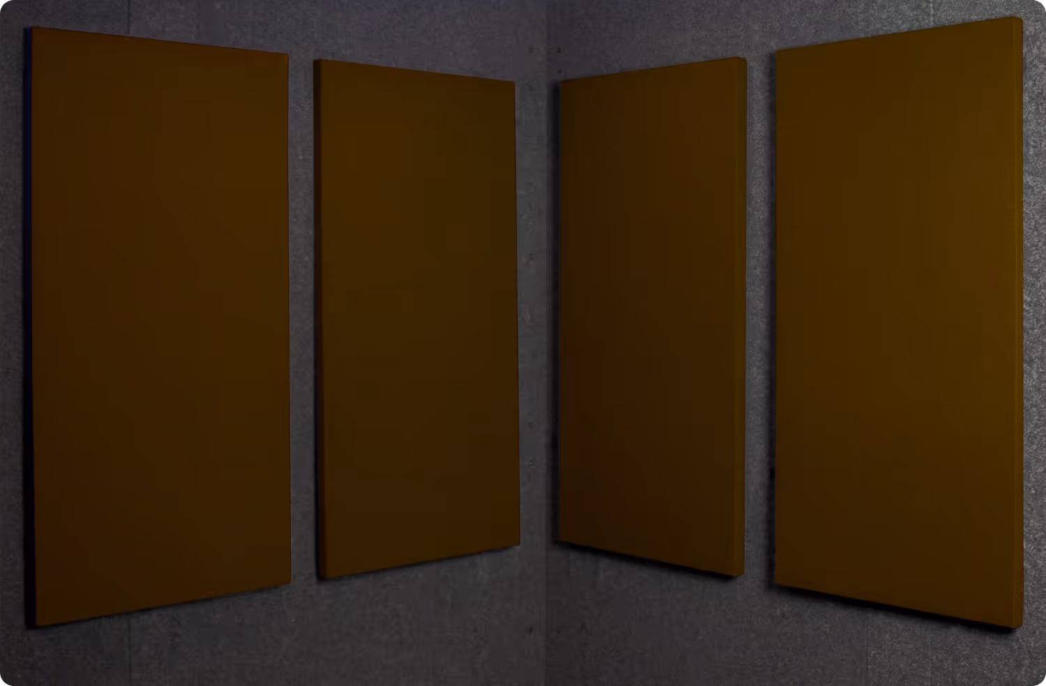 Coffee Bean Audimute fabric acoustic panels installed inside a WhisperRoom sound booth, shown in a dark brown finish