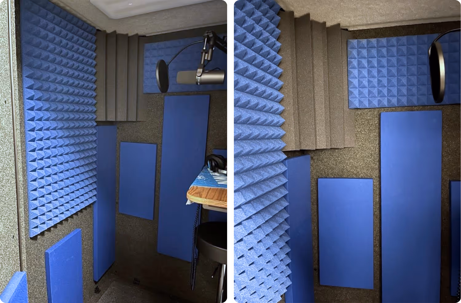 WhisperRoom booth interiors featuring Lapis Audimute acoustic package panels used for voice over recording and narration studio work